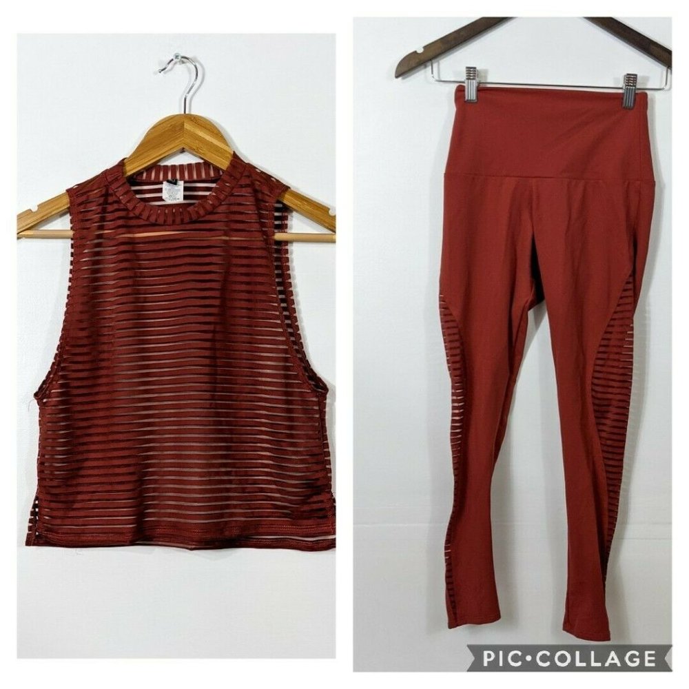 ONZIE Mesh Inset Matching Workout Set Tank & Leggings Rust Orange XS